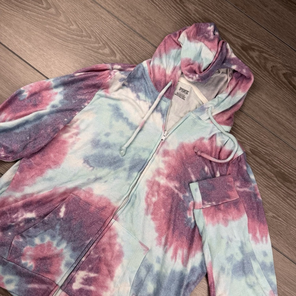 Victoria's Secret Women's Pink Full Zip Hooded Tie-Dye Sweatshirt Pink Blue Sz L